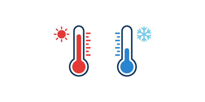 Temperature icons with hot sun and cold snowflake symbols for weather forecasting.