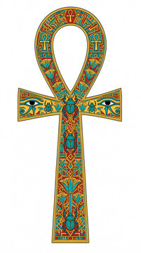 flat vector illustration, an ornate golden ankh with  Eye of Horus and scarab beetles