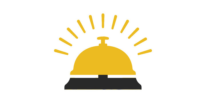 Yellow and black hotel reception bell icon with radiating lines for service and attention.