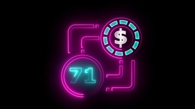 71 dollar sign text vibrant neon green on black background, financial wealth and currency concept. Neon check mark with payment successful. Confirmation, money transaction concept.