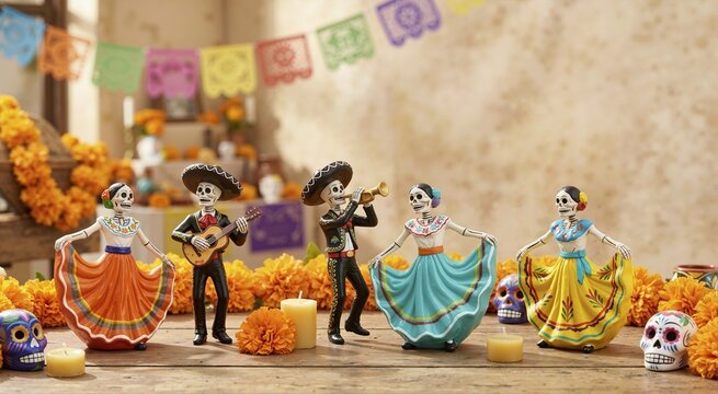 Day of the Dead skeleton figurines dancing on a wooden table. Traditional Mexican Dia de los Muertos catrina and mariachi decorations with marigolds and candles