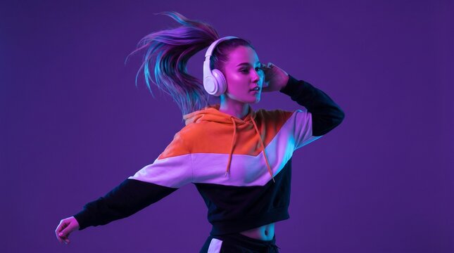 Young woman dancing and enjoying music with headphones, illuminated by vibrant neon lights