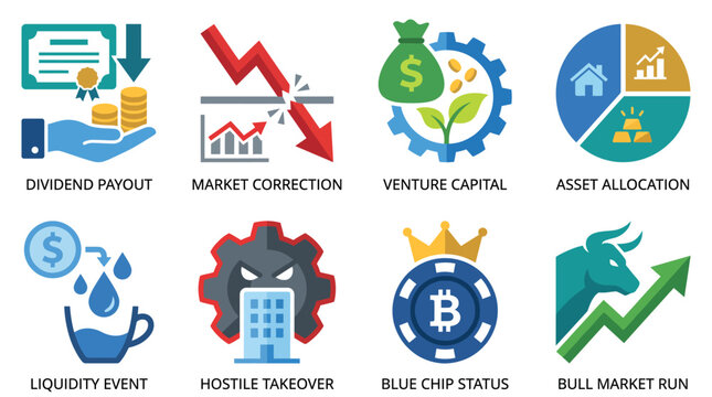 An informative illustration showcasing various financial concepts and trends related to the stock market, perfect for business and economic presentations.