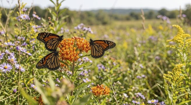 Monarch butterflies resting on orange wildflower blossoms in meadow. Wildlife migration and pollinator insects in nature