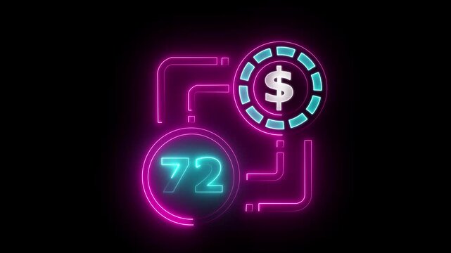 72 dollar sign text vibrant neon green on black background, financial wealth and currency concept. Neon check mark with payment successful. Confirmation, money transaction concept.