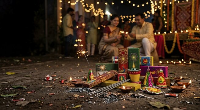 Diwali firecrackers and sparklers on the ground with couple in background. Indian festival of lights outdoor celebration