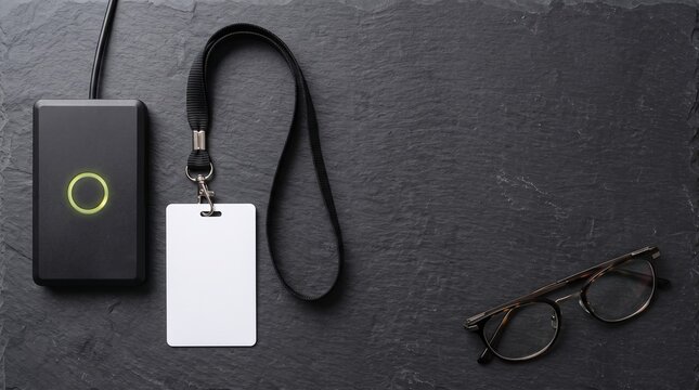 Overhead Flat Lay of Blank Security Badge with Lanyard and RFID Card Reader on Dark Slate
