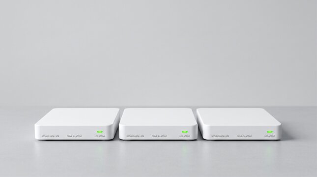 Row of Three White External Hard Drives with Green LED Lights for Data Backup Concept
