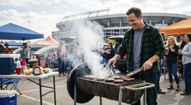 Smiling man grilling burgers and hot dogs with rising smoke. Outdoor tailgate party in stadium parking lot. Football game day celebration
