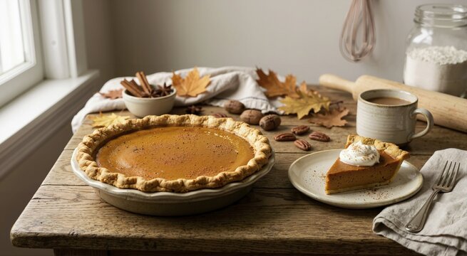 Freshly baked pumpkin pie with slice on rustic wooden table. Autumn seasonal dessert with spices and coffee. Homemade Thanksgiving food concept