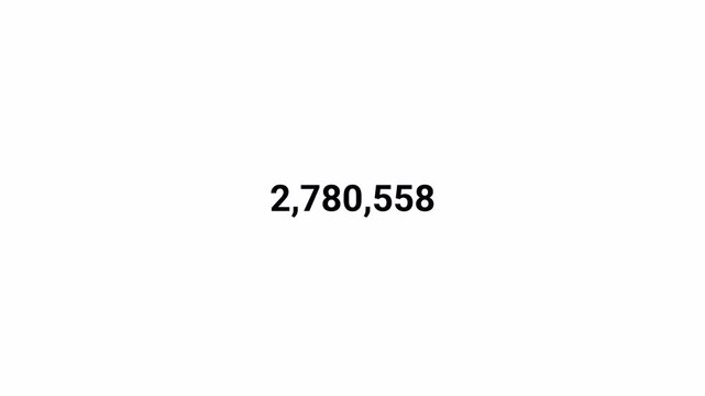 Number counter animation from 0 to 5,000,000 on transparent background, Animated counting numbers count up to five million for likes, views & amount concepts.
