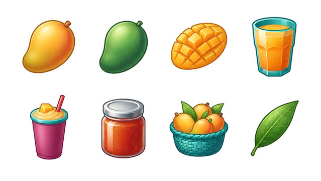 Set of colorful digital illustrations depicting various mango fruits and derived products like juice, smoothie, jam in a jar, and basket of mangoes, all isolated on transparent background for design