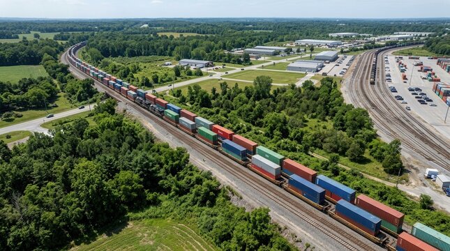 Aerial view of a long container train on railroad tracks, with a large intermodal yard in the background.