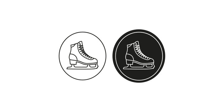 Ice skates outline and silhouette vector icons inside circular frames for winter sports equipment and leisure activities.