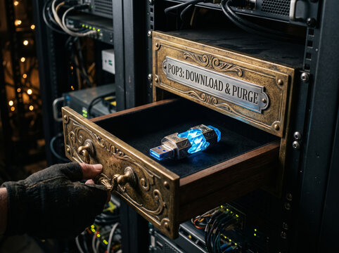 Illuminated Vintage Network Drawer in Dark Modern Server Hardware Cabinet