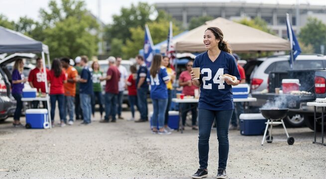 Smiling female football fan holding hot dog and drink at tailgate party. Woman in team jersey enjoying game day celebration in stadium parking lot