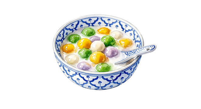 Watercolor Illustration of Traditional Thai Bua Loi Coconut Milk Dessert