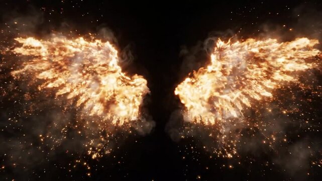 Fiery angel wings made of intense flames and flying sparks isolated on black background