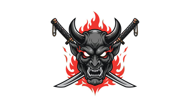 Japanese Oni Demon Head Mascot with Curved Horns, Glowing Red Eyes, and Sharp Fangs, Featuring Crossed Katana Swords and Red Flames in the Background, Isolated on White Background.