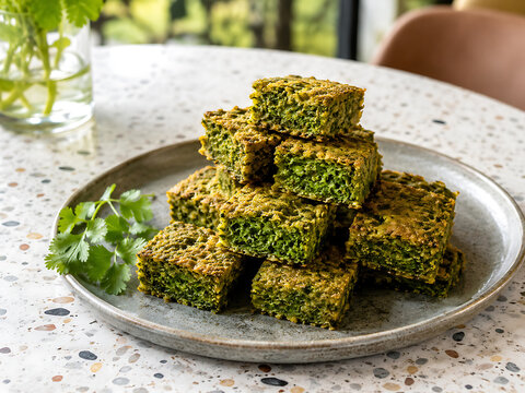 Crisp coriander kothimbir vadi cubes with visibly green herb-rich centers, placed on handmade gray ceramic rather than banana leaf