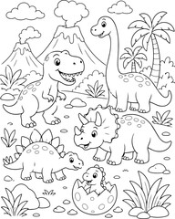 Cute prehistoric dinosaurs coloring page vector illustration with volcano t-rex and triceratops © SHARIF