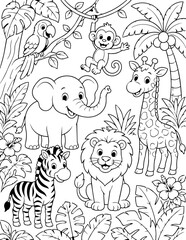 Obraz premium Cute jungle safari animals coloring page vector illustration with elephant lion and giraffe