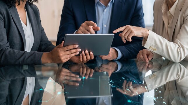Business colleagues sharing tablet at meeting
