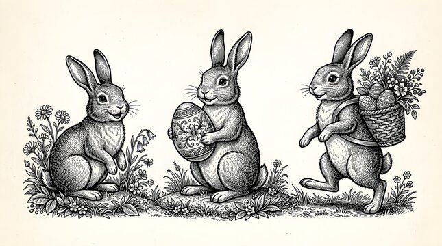 Vintage engraving style illustration of three cute easter rabbits with eggs
