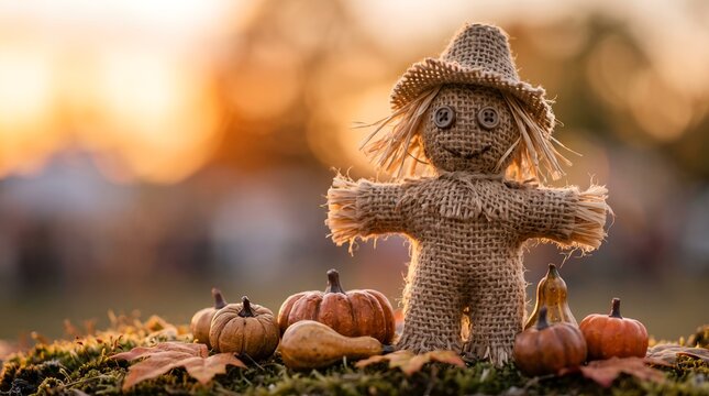 Small burlap scarecrow with autumn gourds and leaves, harvest, thanksgiving, autumn, seasonal, festive