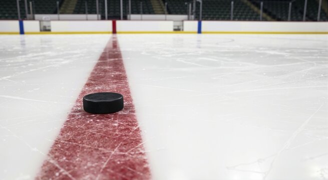 Close up of a black hockey puck on the red line. Low angle view of sports equipment on ice rink surface