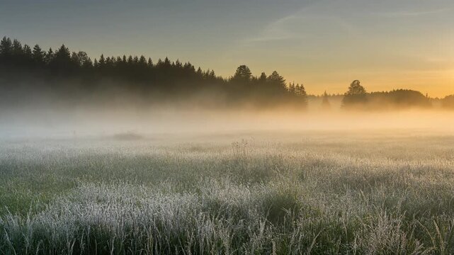 Dense morning fog blankets a grassy meadow near a dark forest at sunrise.