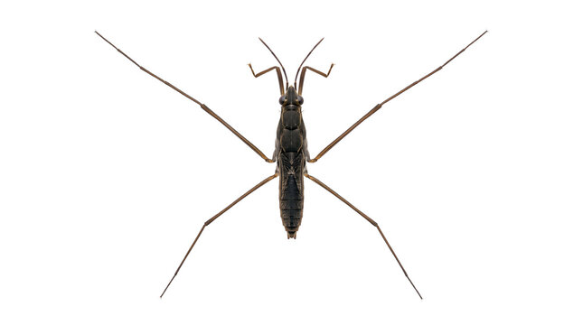Top view of water strider with long slender legs extended, isolated on transparent background, sharp macro detail highlighting leg span and surface-skimming adaptation for entomology reference.