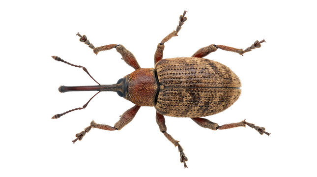 Top view brown weevil beetle specimen isolated on transparent background showing elongated snout, textured elytra, segmented legs and natural insect anatomy