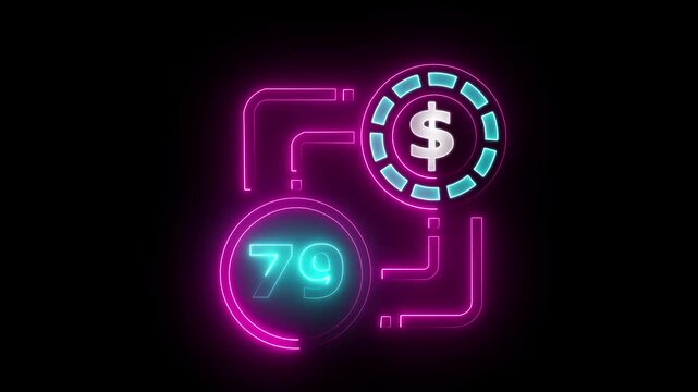 79 dollar sign text vibrant neon green on black background, financial wealth and currency concept. Neon check mark with payment successful. Confirmation, money transaction concept.