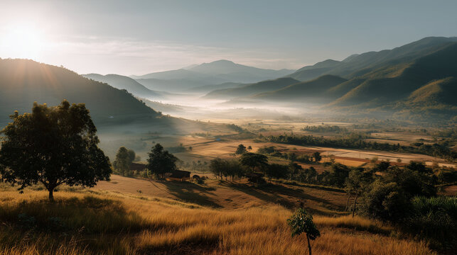 Serene mountain landscape, golden sunrise, soft mist, panoramic view, nature poster art style --ar 16:9 --profile 5uqv99d --v 7 Job ID: a7ea8524-99f3-43dc-a18b-59515a9e2e3e