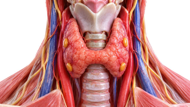 Human thyroid gland and parathyroid glands detailed neck anatomy with trachea blood vessels and surrounding tissues isolated on white background