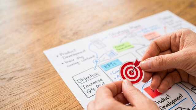 OKR planning worksheet with target icon and objectives concept showing business goal setting and quarterly results tracking
