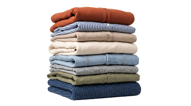 Folded clothing stack on white background, neat pile of cotton sweaters and shirts, organized laundry in neutral earth tones
