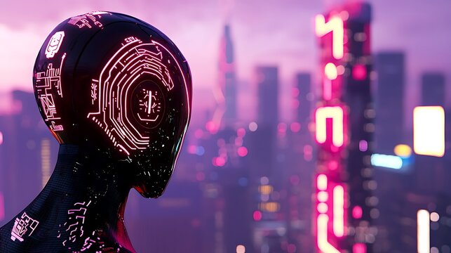 Futuristic robot head, city skyline