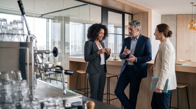 Colleagues discussing tablet near office kitchen