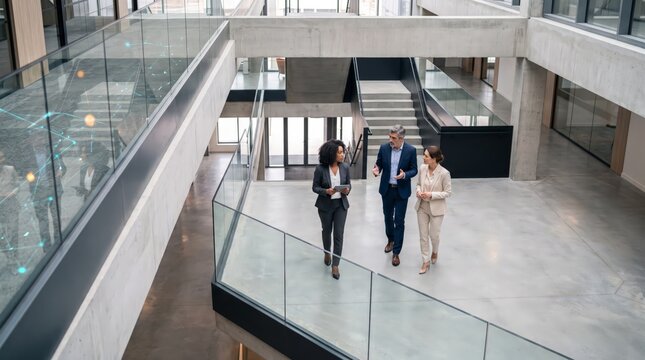 Business team crossing corporate atrium