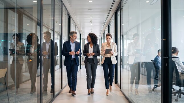 Executives walking through glass corridor