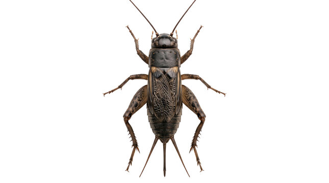 Field cricket insect isolated on transparent background, dorsal studio view showing antennae, wings and hind legs, close up detail for entomology reference