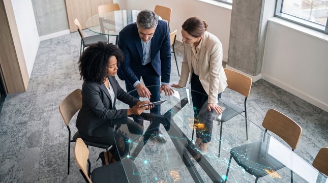 Overhead view of executives using tablet