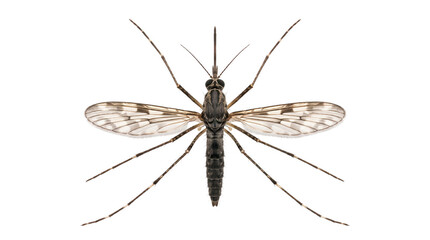 Fototapeta premium Slender crane fly with outstretched translucent wings shown from dorsal perspective on transparent background for entomology and ecological reference, isolated specimen view