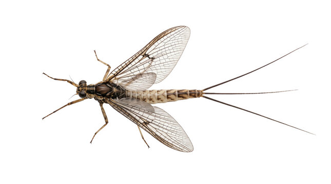 Mayfly adult with translucent veined wings and long tail filaments isolated on transparent background for lifecycle and freshwater ecology reference, dorsal specimen view
