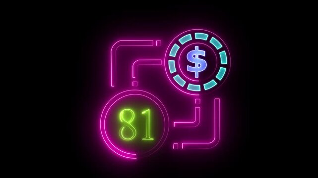81 dollar sign text vibrant neon green on black background, financial wealth and currency concept. Neon check mark with payment successful. Confirmation, money transaction concept.