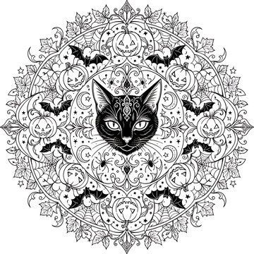 Halloween Cat Mandala, Halloween mandala, cat mandala, Halloween cat, gothic cat, black cat, spooky mandala, feline mandala, cat illustration, gothic Halloween, symmetrical design, radial pattern, int