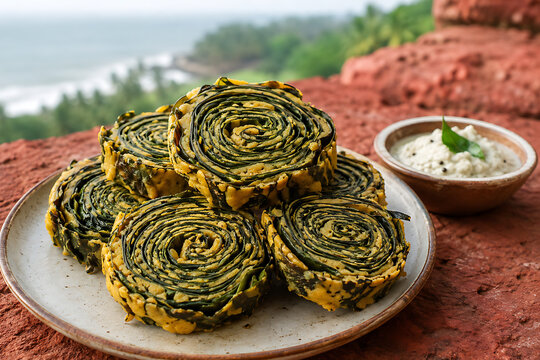 Konkan-style colocasia leaf alu vadi, intricate dark-green spirals with golden spiced gram-flour layers, stacked irregularly beside a tiny coconut chutney bowl, red laterite stone backdrop