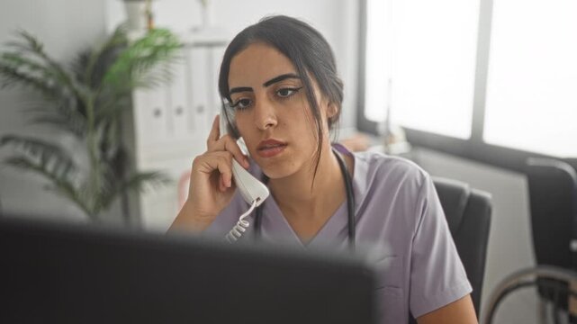 Woman doctor wearing scrubs and stethoscope holds telephone to her ear while checking a computer monitor in a building; concerned focus.